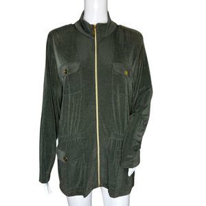 Chicos Jacket Womens Large Green Travelers Slinky Full Zip Gold Tone Trim Casual